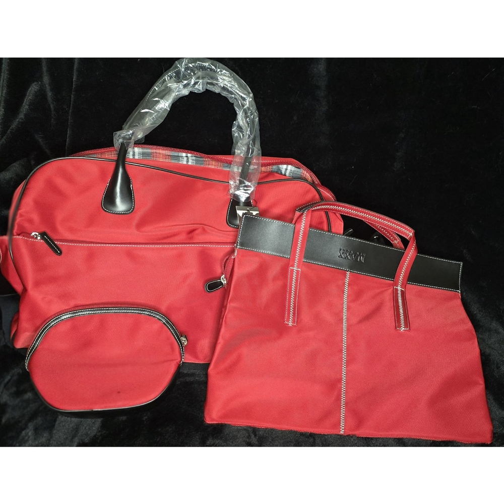 3 Pc Travel Set MAXX Of NEW YORK TOTE RED W/LEATHER HANDLES NYLON STRAP Cosmetic
